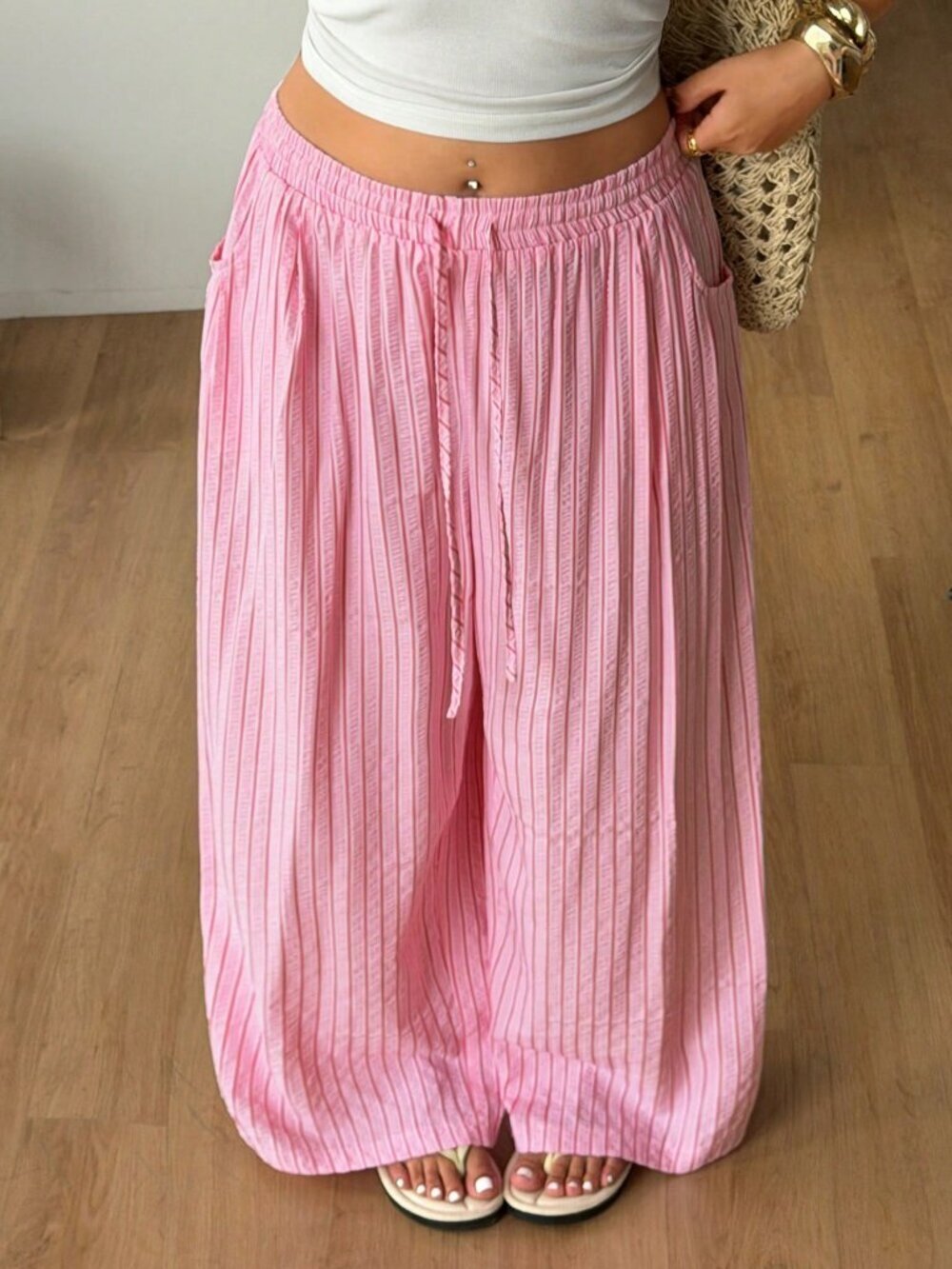 Pink Casual Womens Plus Size Oversized Drawstring Striped Loose High-Waist Pants